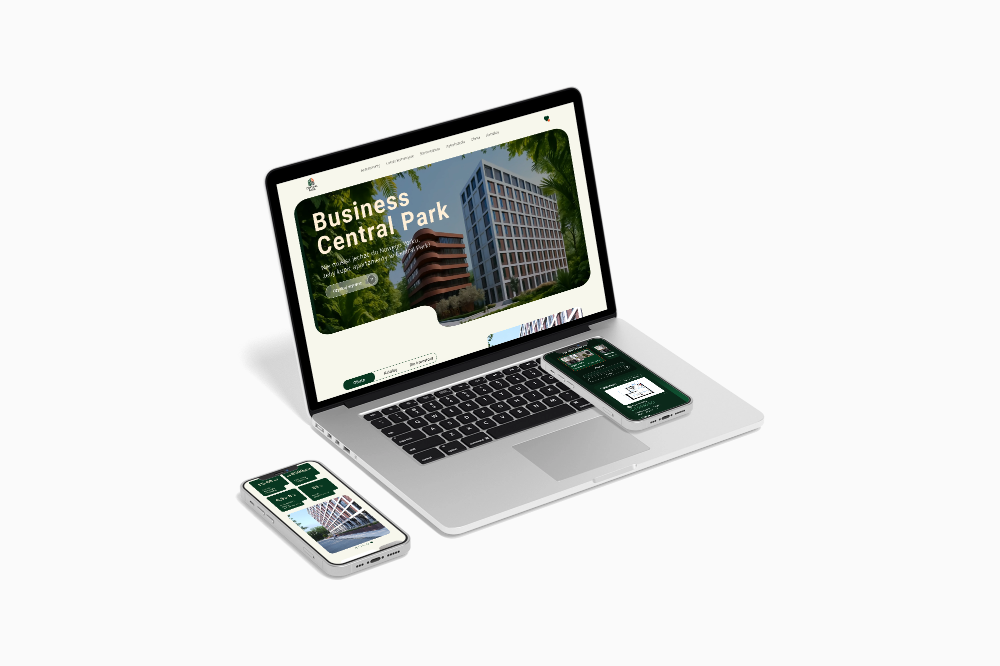 Central Park Katowice site shown on a laptop and phone mockup
