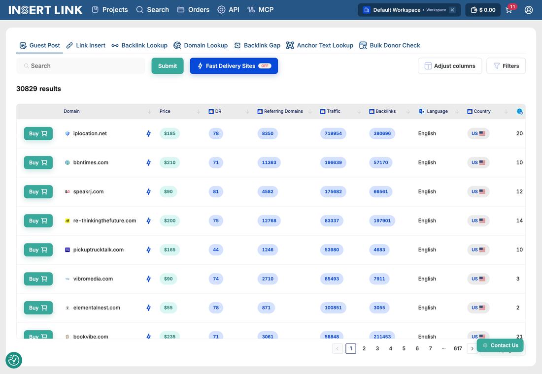 Insert.Link guest post search screen