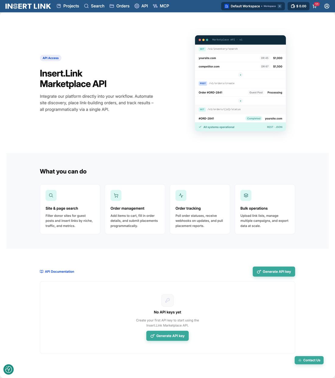 Insert.Link marketplace API documentation screen