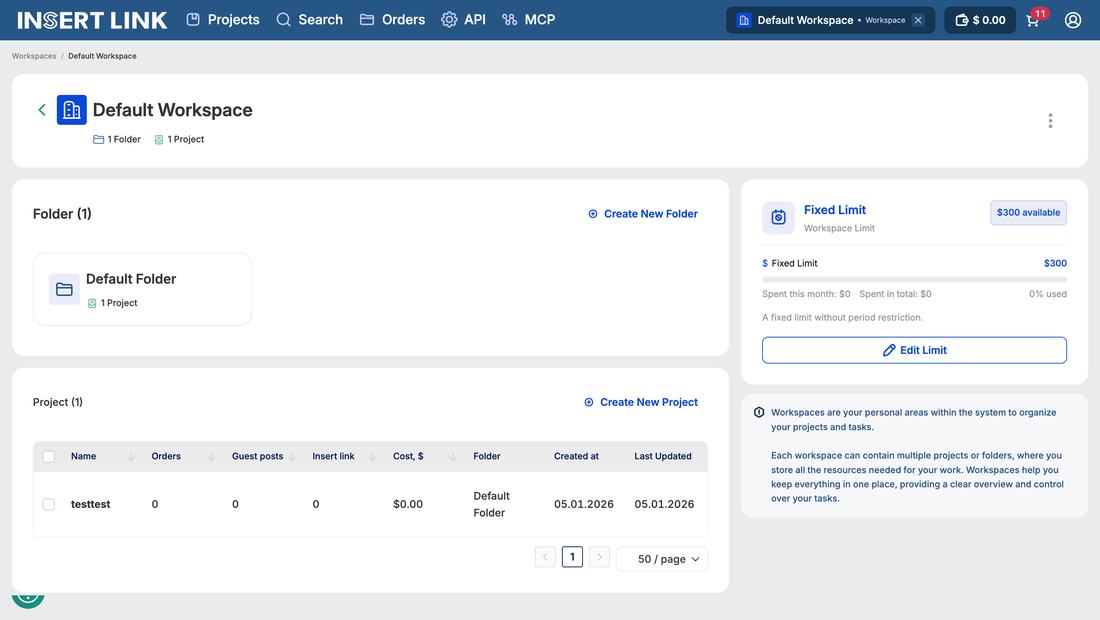 Insert.Link workspace and budget management screen